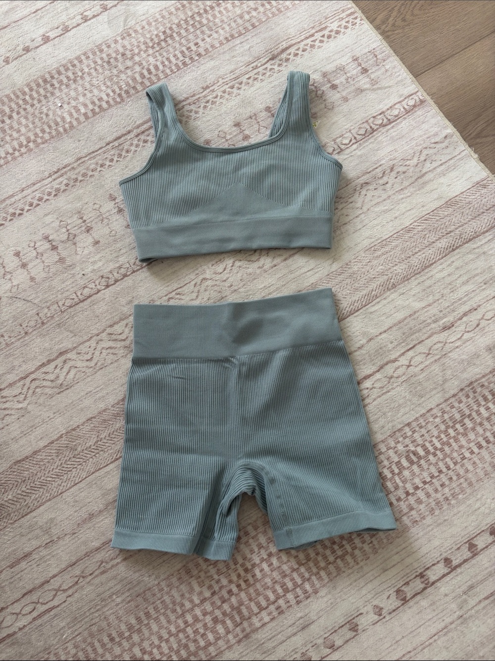 Amazon Ribbed Scoop-Neck Sports Bra and High-Waist Bike Shorts Set - Sage Green